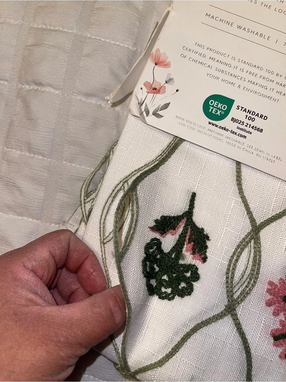 bloom White Embroidered Shower Curtain with Pink & Green Floral Motifs